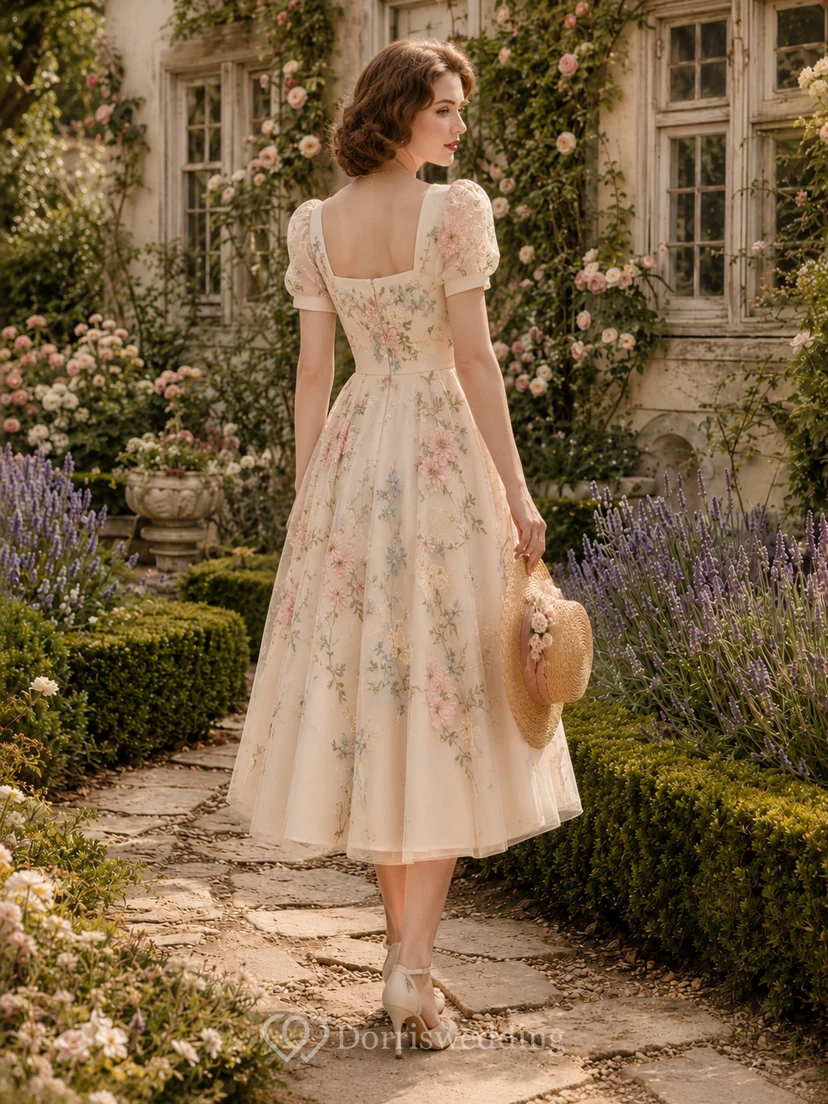 Pastellfarbenes Brautkleid mit Blumenmuster, eckigem Ausschnitt und Teelänge für den Garten view 2