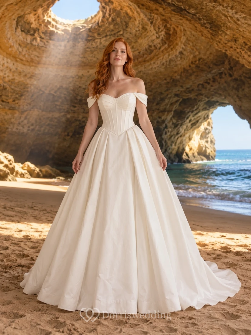 Vestido de novia sencillo de gala con hombros descubiertos, de popelina de algodón, sin mangas y con cola.