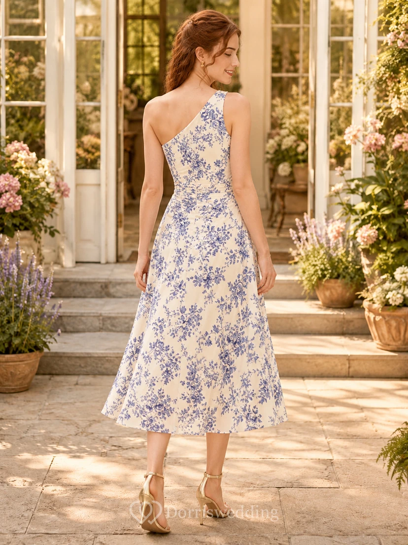 Blaues, geblümtes Gartenhochzeitsgastkleid, A-Linie, Chiffon, One-Shoulder, ärmellos, Teelänge, Blumenmuster view 2