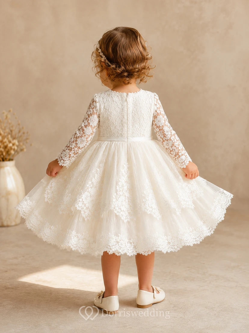 Long Sleeve Christening Dress A-Line Lace Tulle High Neck Scalloped Hem view 2