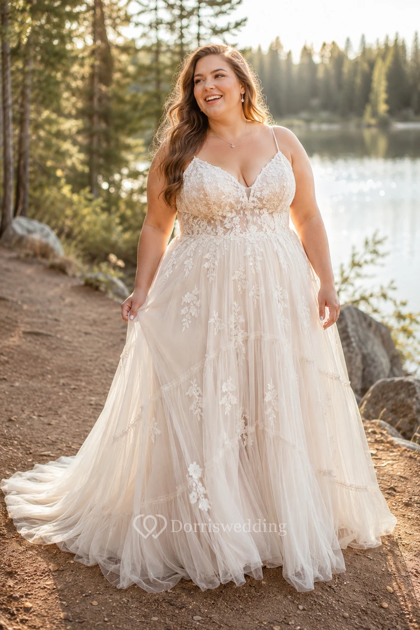 Plus Size Spaghetti Strap Lace A-Line Wedding Dress with Sweep Train