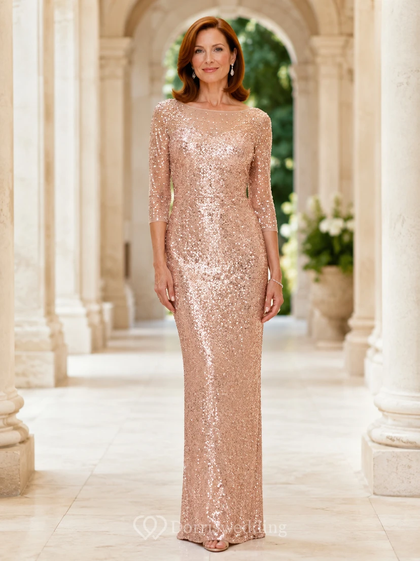 Rose Gold Modest Bateau Sequin Sheath Floor-Length Mother of the Bride Gown with Three-Quarter Sleeves