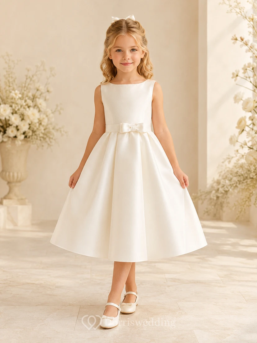 Flower Girl Dress Champagne Satin A-Line Jewel Neck Tea Length