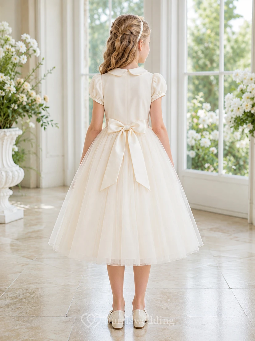 Bow Back Tulle A-Line Flower Girl Dress with Jewel Neck and Tea-Length Skirt view 2