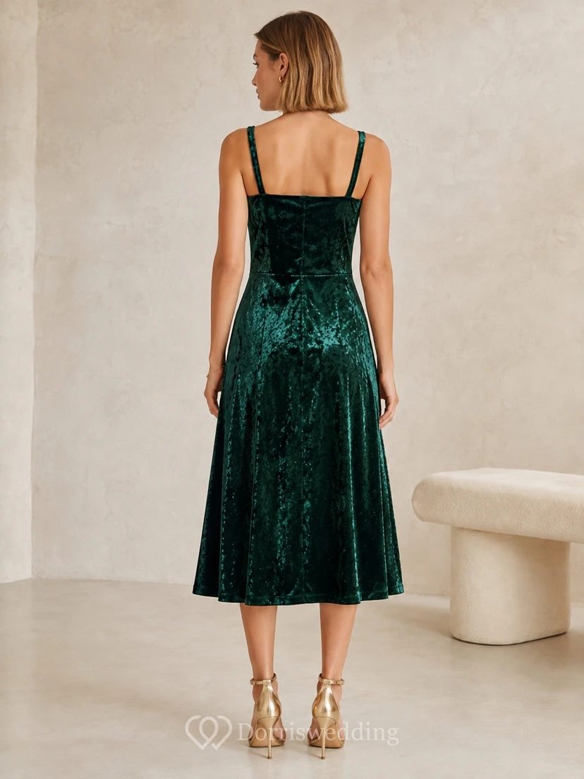 Green Spaghetti Sleeveless Velvet Tea-length Sheath Modern Elegant Dress view 2
