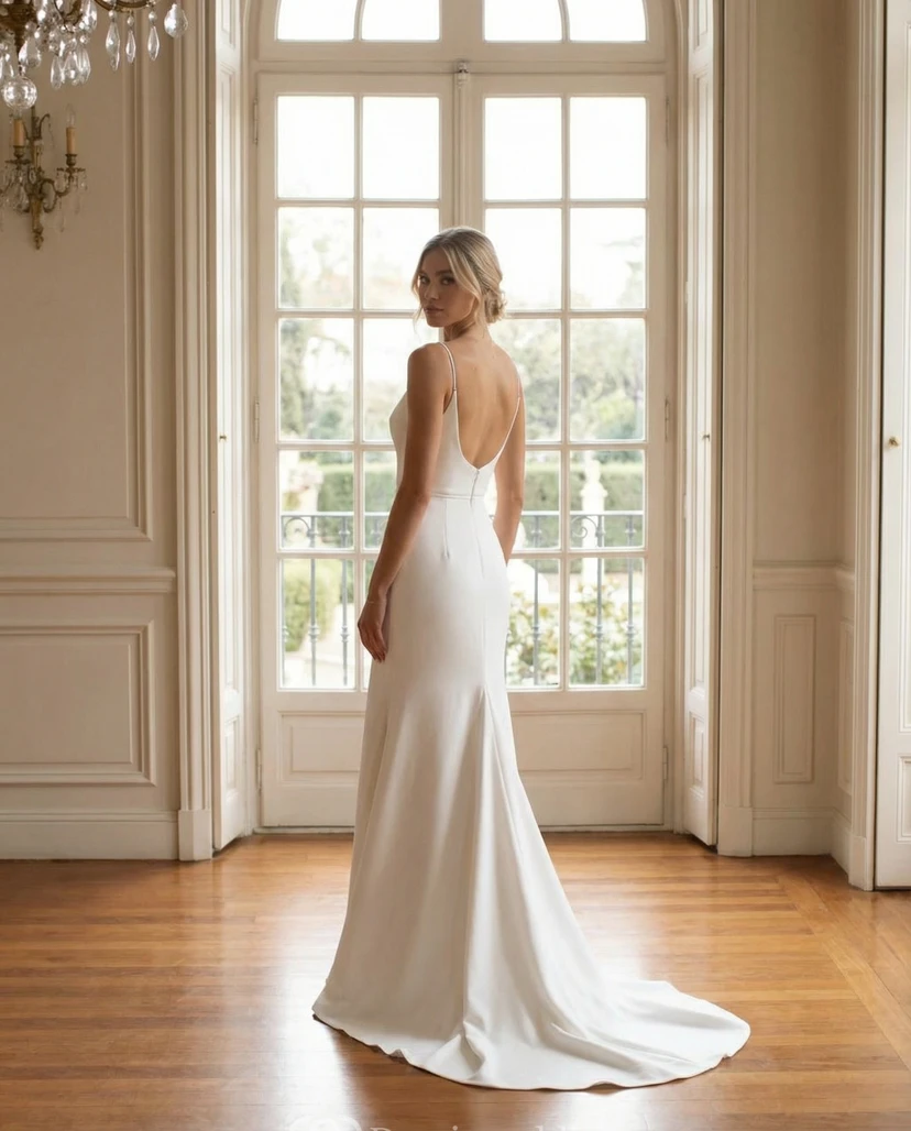 Schlichtes Brautkleid aus Satin mit Spaghettiträgern, V-Ausschnitt, vorderem Schlitz und Schleppe view 2