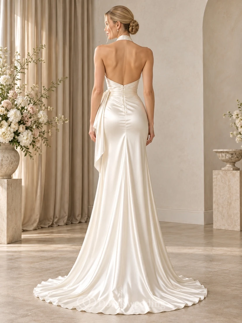 Simple Halter Cowl Draped Satin Sheath Train Wedding Dress view 2
