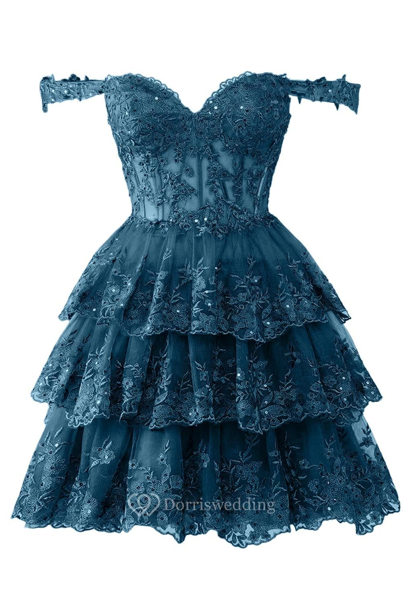 Blue Off-the-Shoulder Short Dress with Lace view 37