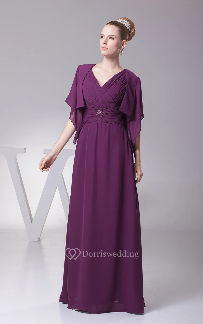 Plunged Chiffon Floor-Length Criss-Cross Bolero and Dress With Broach view 3