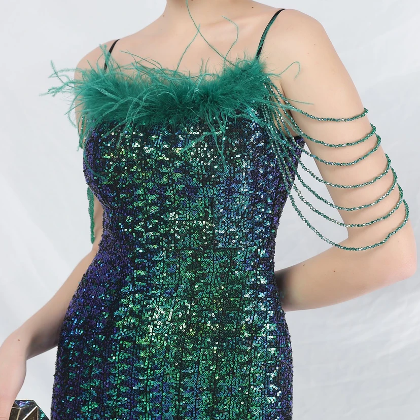 Craft Beaded Ostrich Feather Fantasy Sequined Long Evening Dress view 9