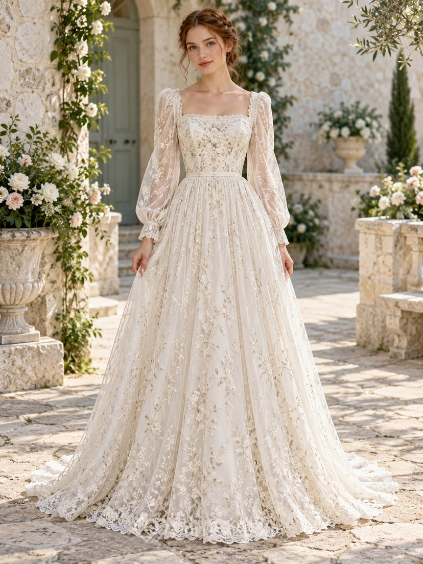 Vintage Square Neck Long Poet Sleeve Allover Lace Wedding Dress
