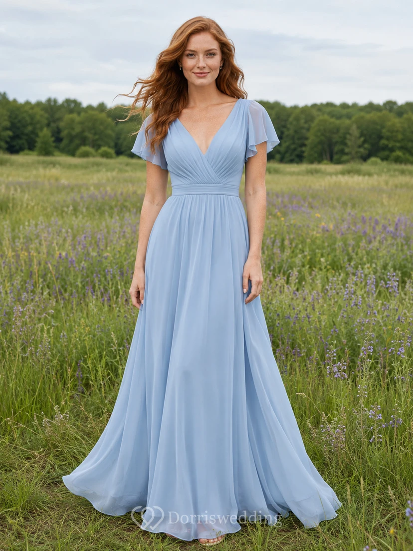 Sky Blue Chiffon A-Line V-Neck Flutter Sleeve Pleated Low Back Floor-Length Bridesmaid Dress