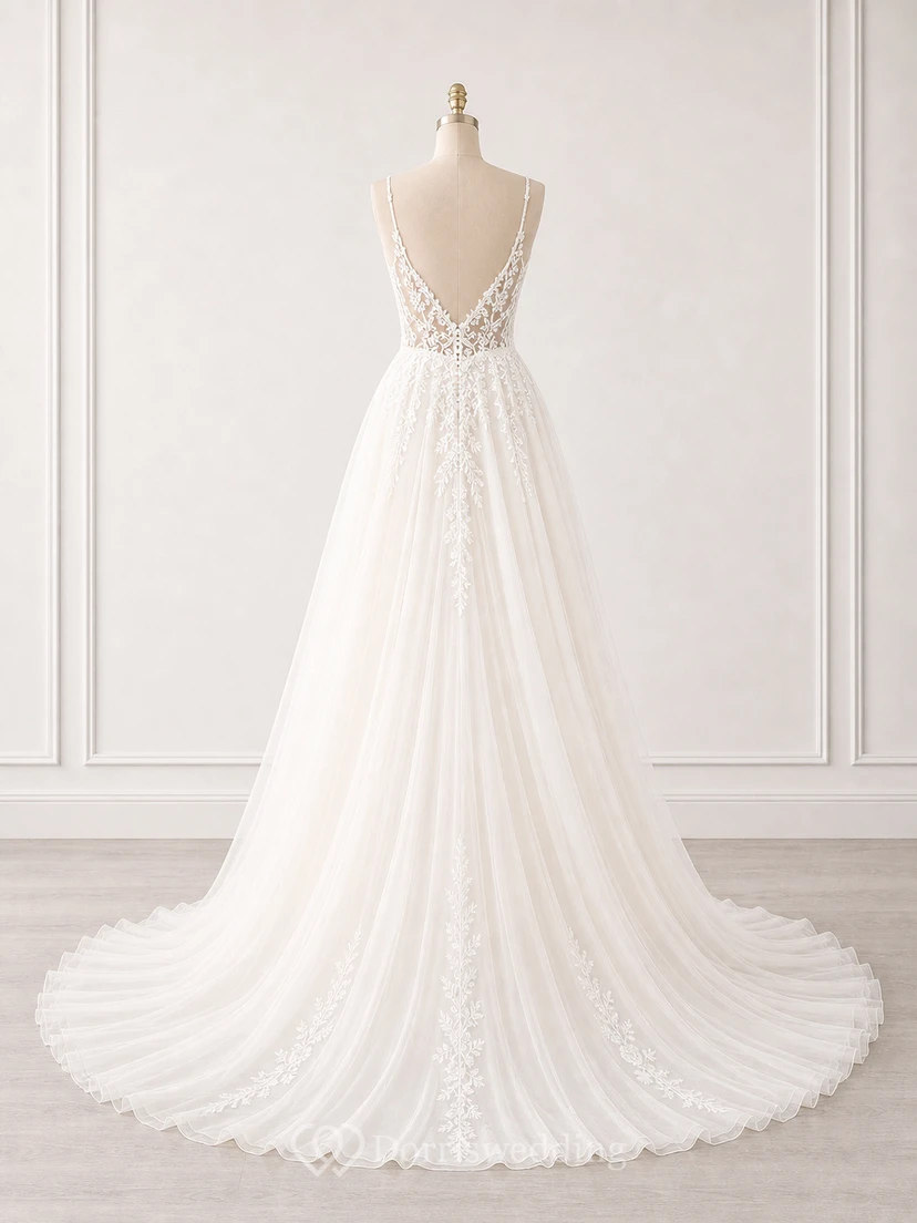 Boho Beach Wedding Dress with Spaghetti Straps, Floral Lace Bodice, High Slit & Flowing Chiffon Train view 7