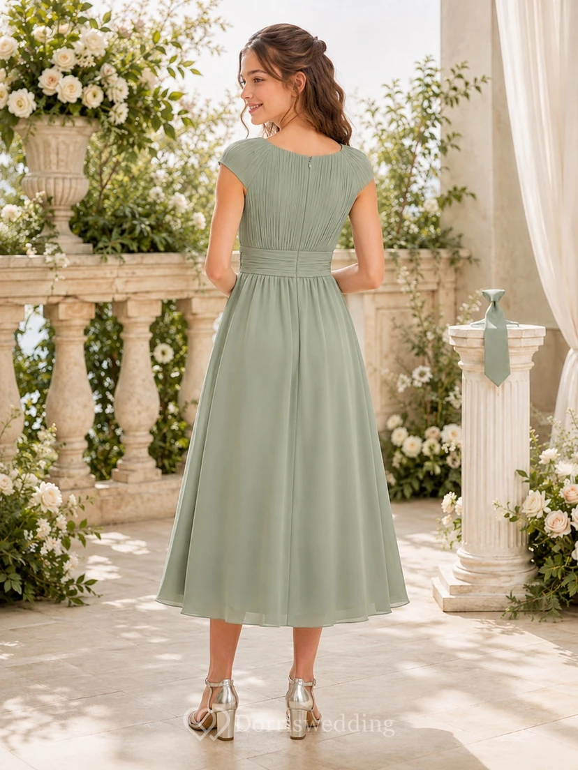 Elegantes, hellgrünes Brautjungfernkleid für junge Damen in A-Linie mit Schmucksteinen, kurzen Ärmeln und Falten. view 2