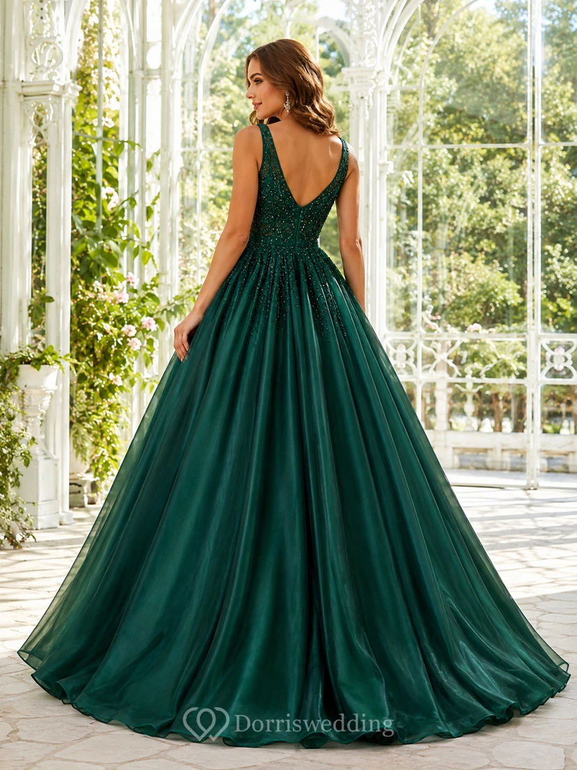 Luxury Dark-Green V-Neck Beaded Satin Tulle Ball-Gown Deep-V Sweep-Train Prom Dress view 2