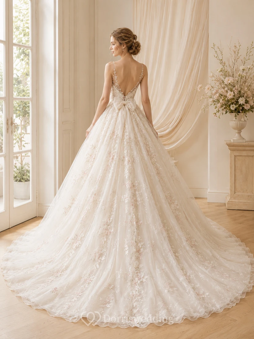 Robe de bal en dentelle florale à col spaghetti et traîne cathédrale view 2