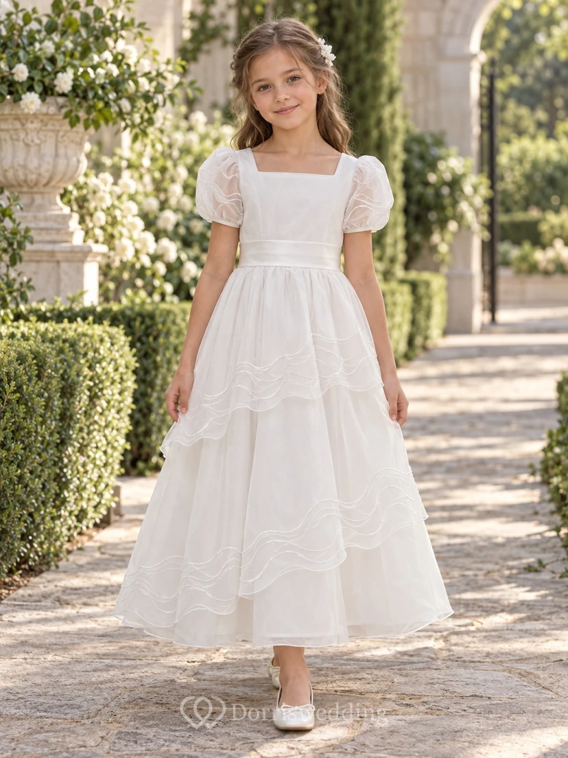 Square Neck White Puff Sleeve Tiered Wave Embroidered Organza Flower Girl Dress