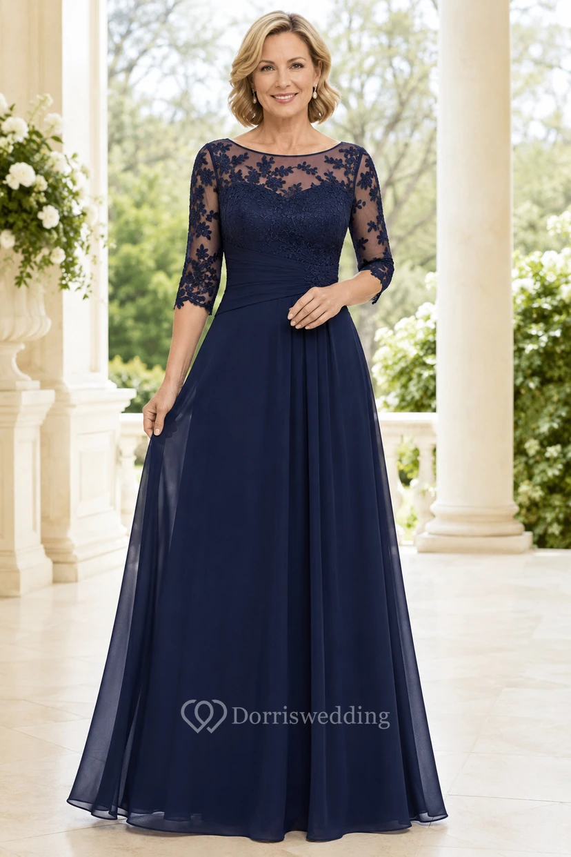 MOB Dress Dark Navy Chiffon Lace A-Line 3/4 Sleeve Bateau Neck Floor Length