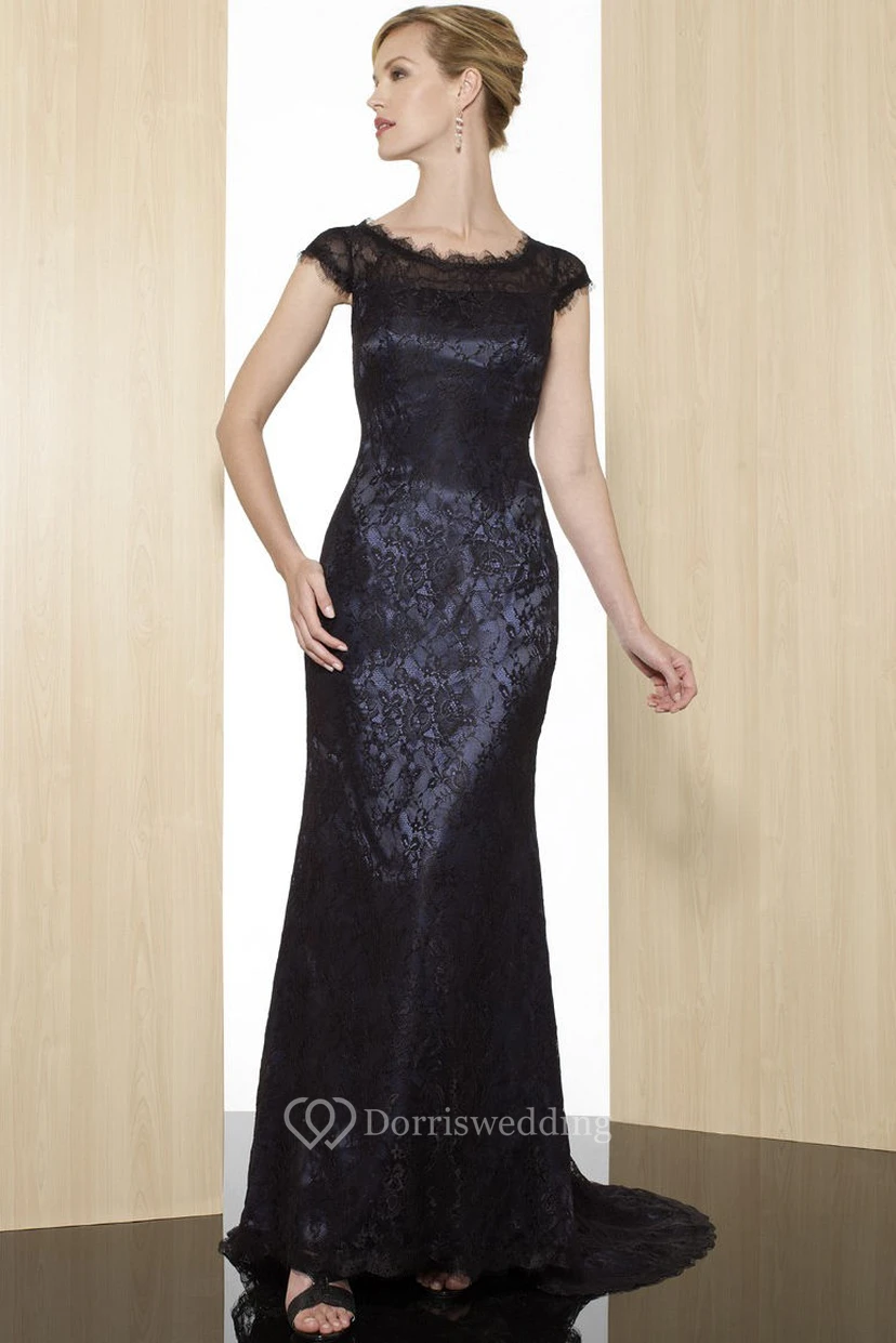 Sheath Cap-Short-Sleeve Appliqued Scoop Maxi Lace Formal Dress With Zipper Back And Sweep Train