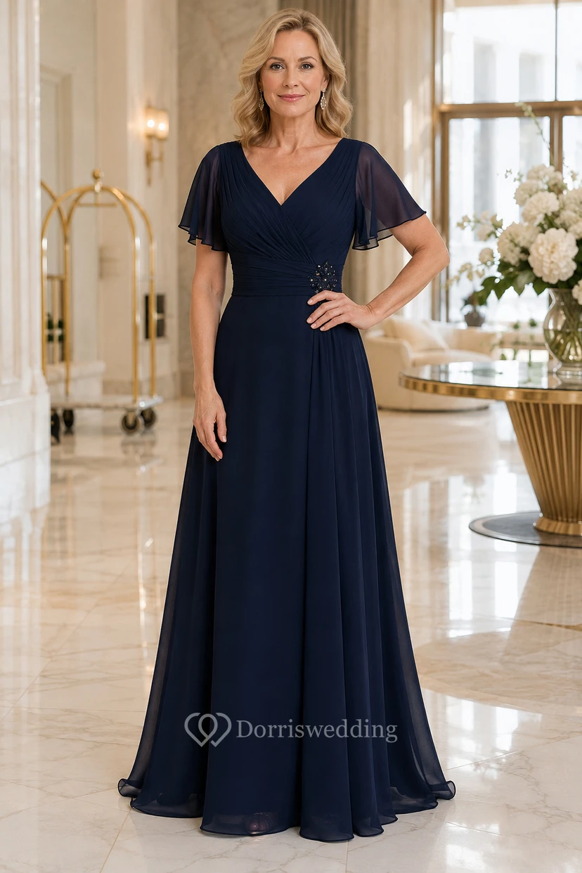 Dunkelblaues Chiffon-Kleid in A-Linie mit V-Ausschnitt und Volantärmeln