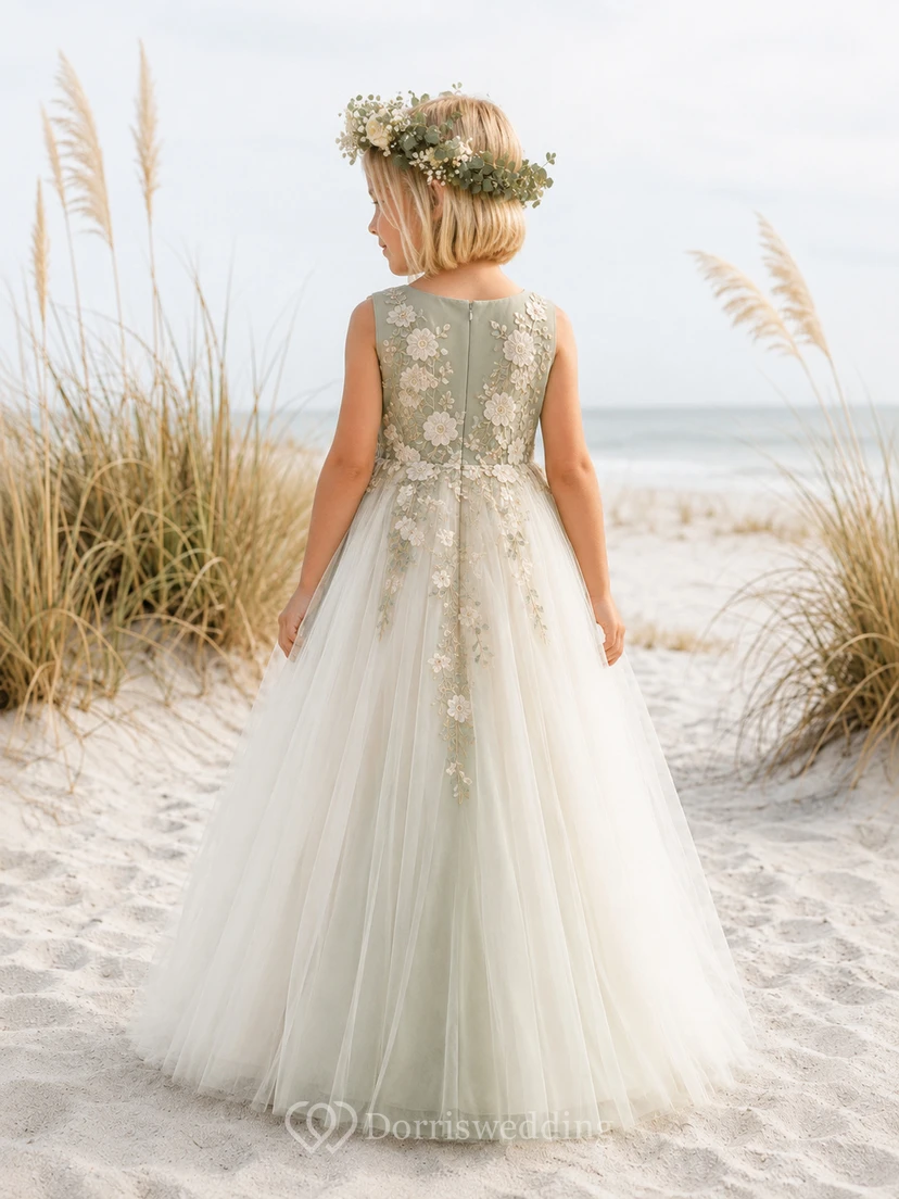 Flower Girl Dress Ivory Lace Tulle A-Line Scoop Neck Tea Length Bow Back view 2
