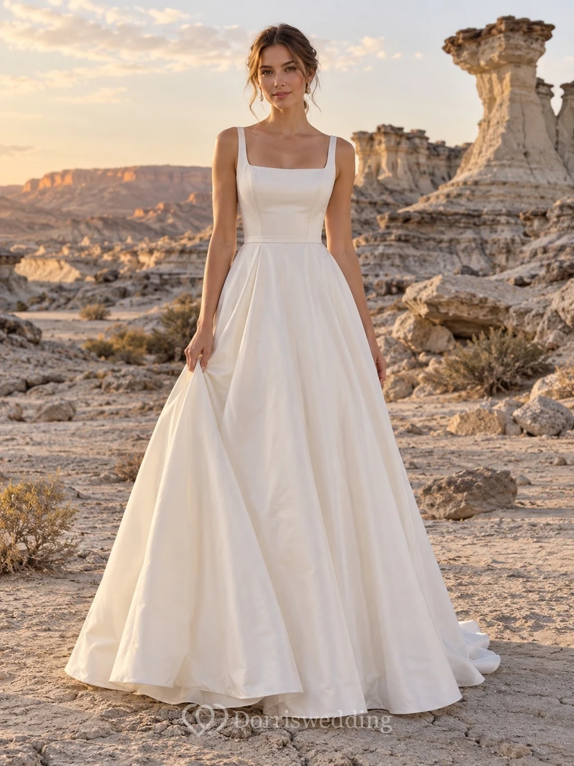 Sencillo vestido de novia de tafetán sin mangas con escote cuadrado, corte en A, corpiño a medida y cola.