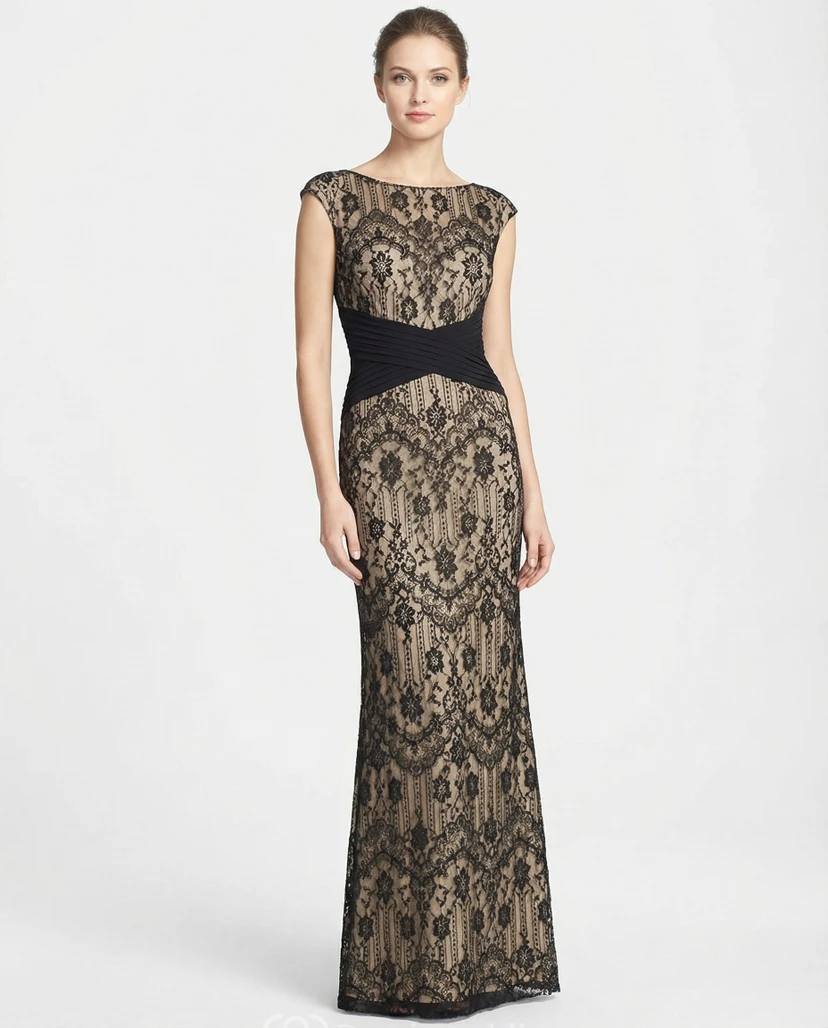 Long Lace Sheath with Crisscross Ruching