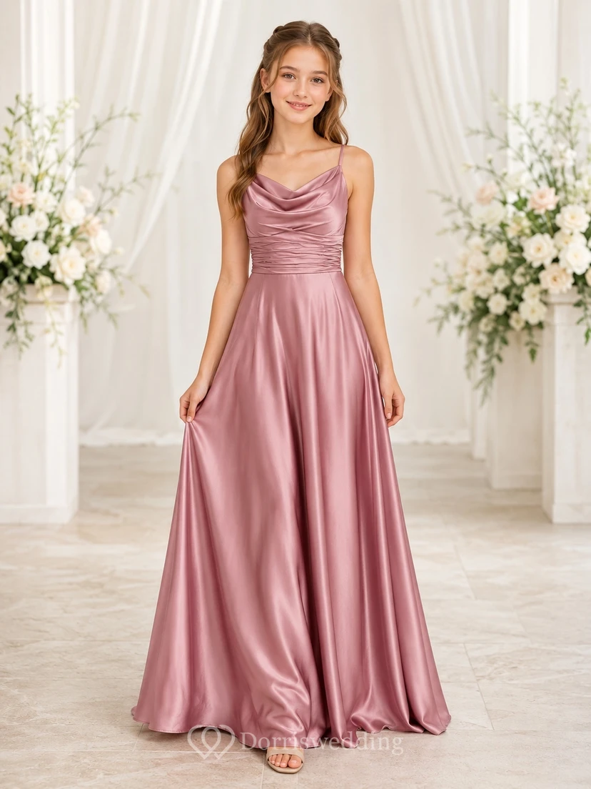 Vestido de dama de honor juvenil color rosa empolvado, corte en A, escote drapeado, sin mangas, charmeuse elegante.