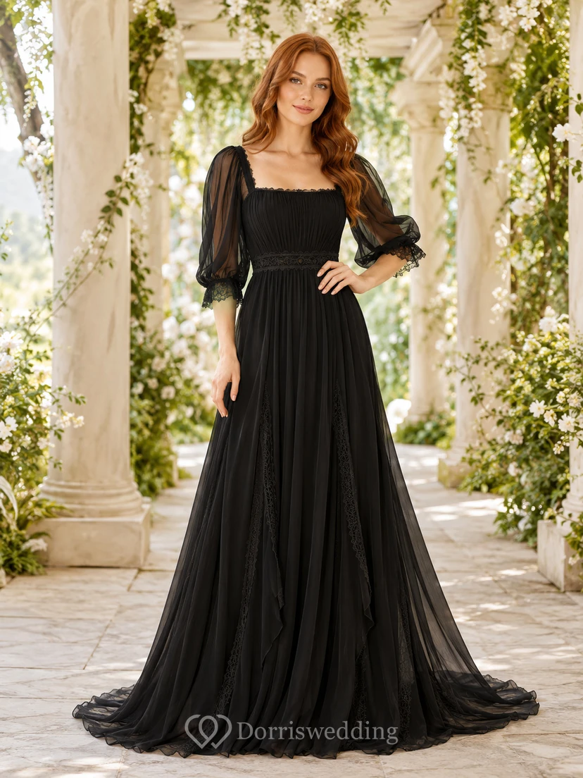 Vestido de novia de gasa negro con escote cuadrado y mangas abullonadas para jardín