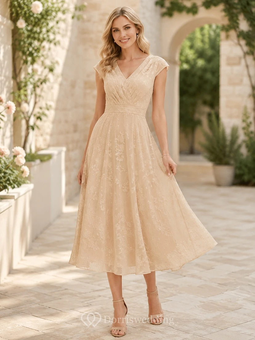Taupe Guest Dress A-Line Lace V-Neck Cap Sleeve Tea-Length Romantic Garden Style