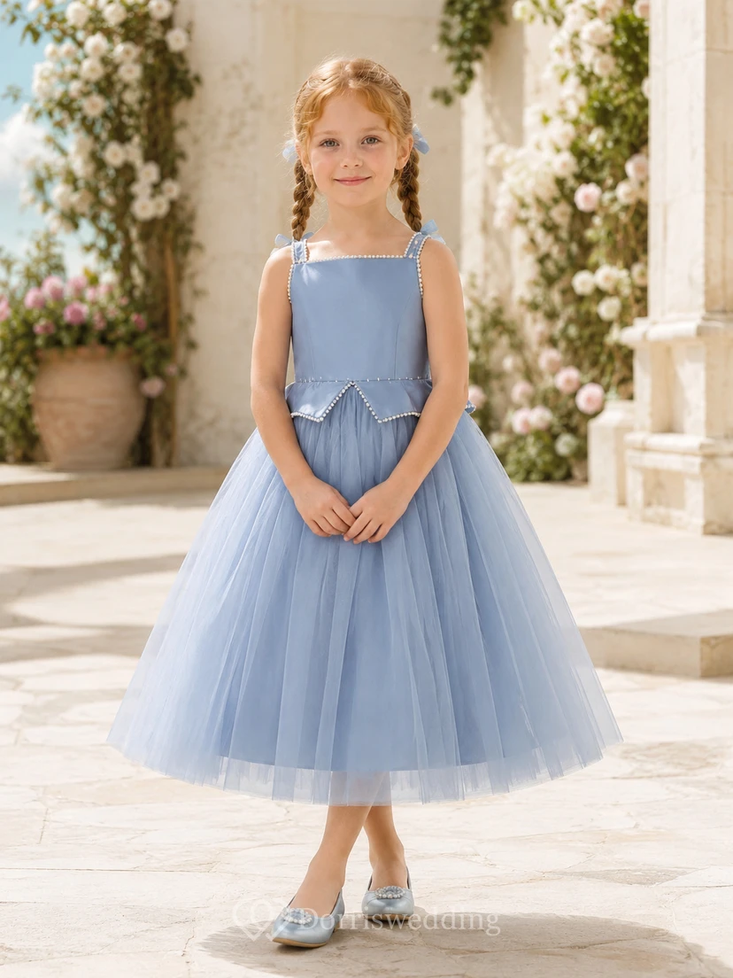 Sky Blue Basque Waist A-Line Tulle Flower Girl Dress, Sleeveless Square Neck, Pleated Tea-Length Beach Ceremony