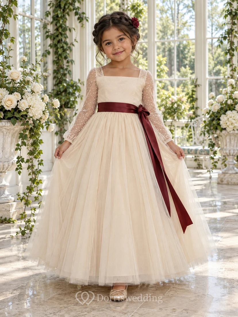 Square-Neck Long-Sleeve Ivory A-line Tulle Dotted-sleeve Floor-length Burgundy-sashed Flower Girl Dress