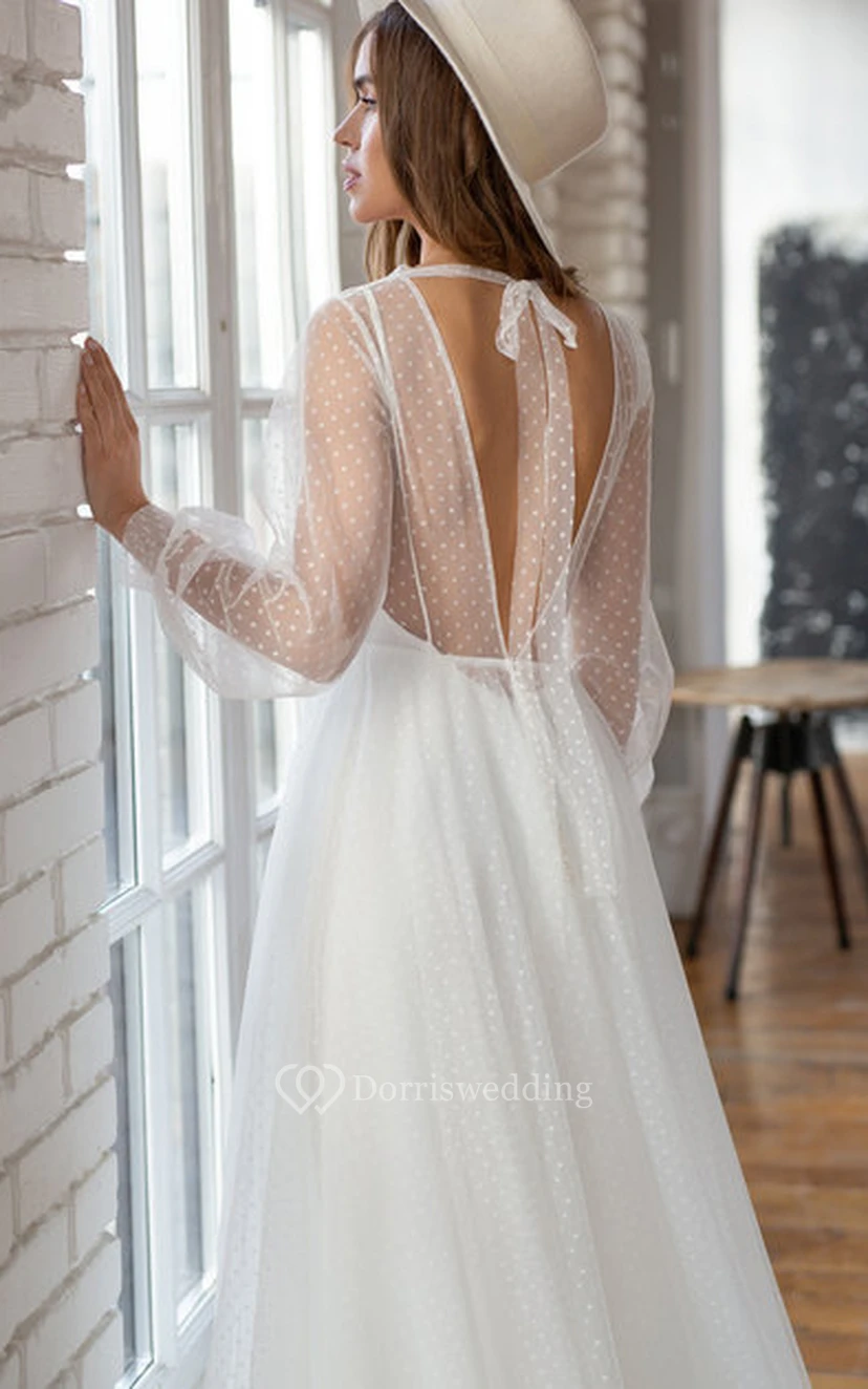 Elegantes, bodenlanges Chiffon-Brautkleid mit A-Linie, langer Ärmel und Schleppe view 4