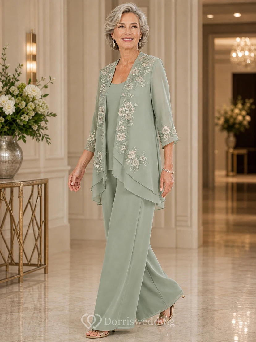 Sage Floral Embroidered Mother Pantsuit Sage Scoop Jewel Jumpsuit Ankle-length view 3