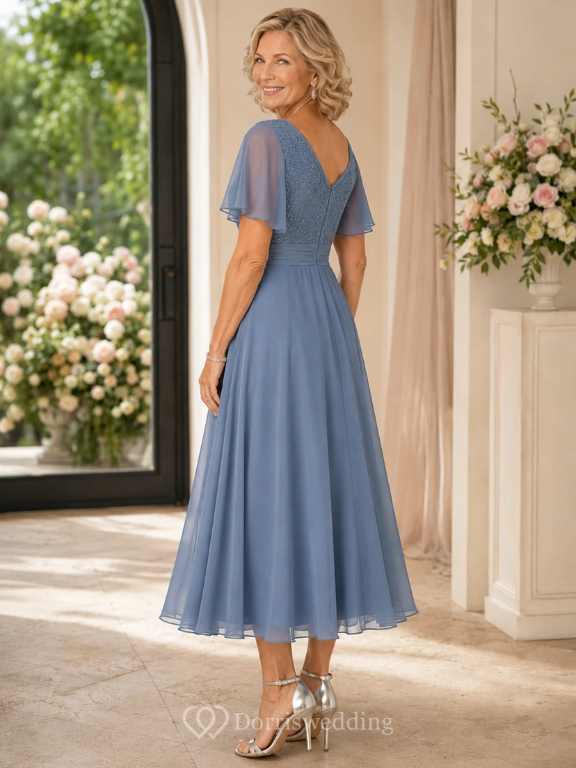 Steel Blue V-Neck Tea-Length Chiffon Mother Dress with Beaded Bodice view 2