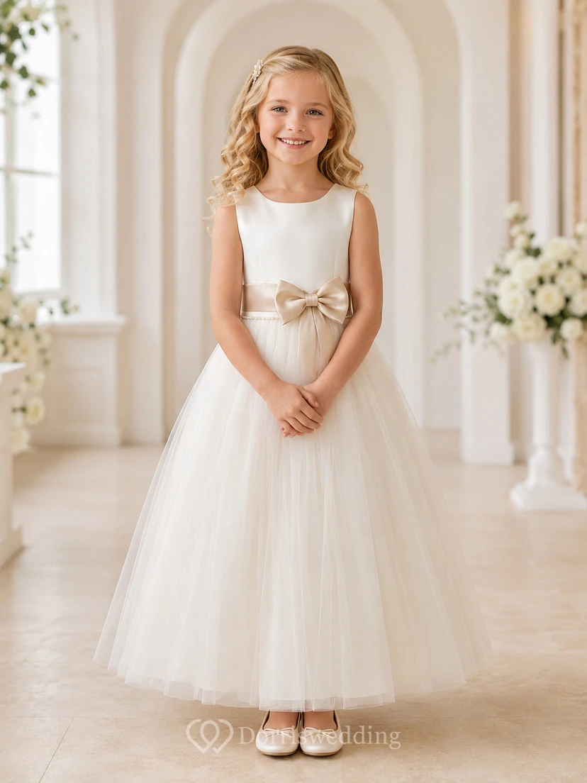 Ärmelloses, bodenlanges A-Linien-Kleid aus Satin-Tüll mit Schleife für Blumenmädchen – formelles Hochzeitskleid