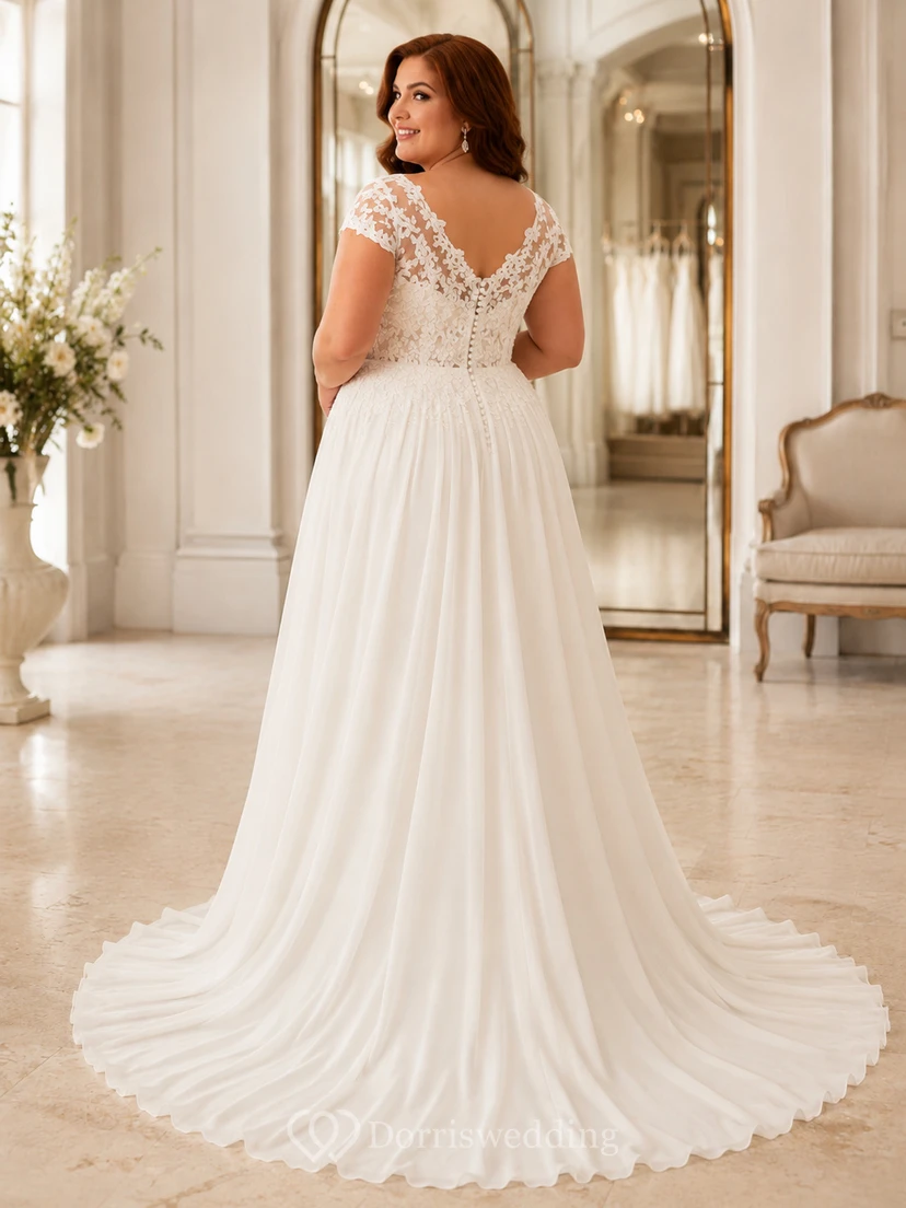 Romantisches, elegantes Brautkleid in Übergröße, bodenlang, mit V-Ausschnitt und kurzen Ärmeln view 2