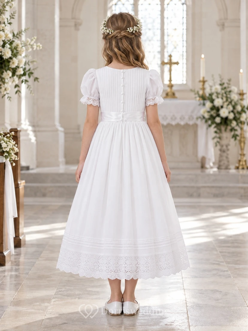 Modest White Tea-length Puff Sleeve Pintuck Lace Hem Communion Dress view 2