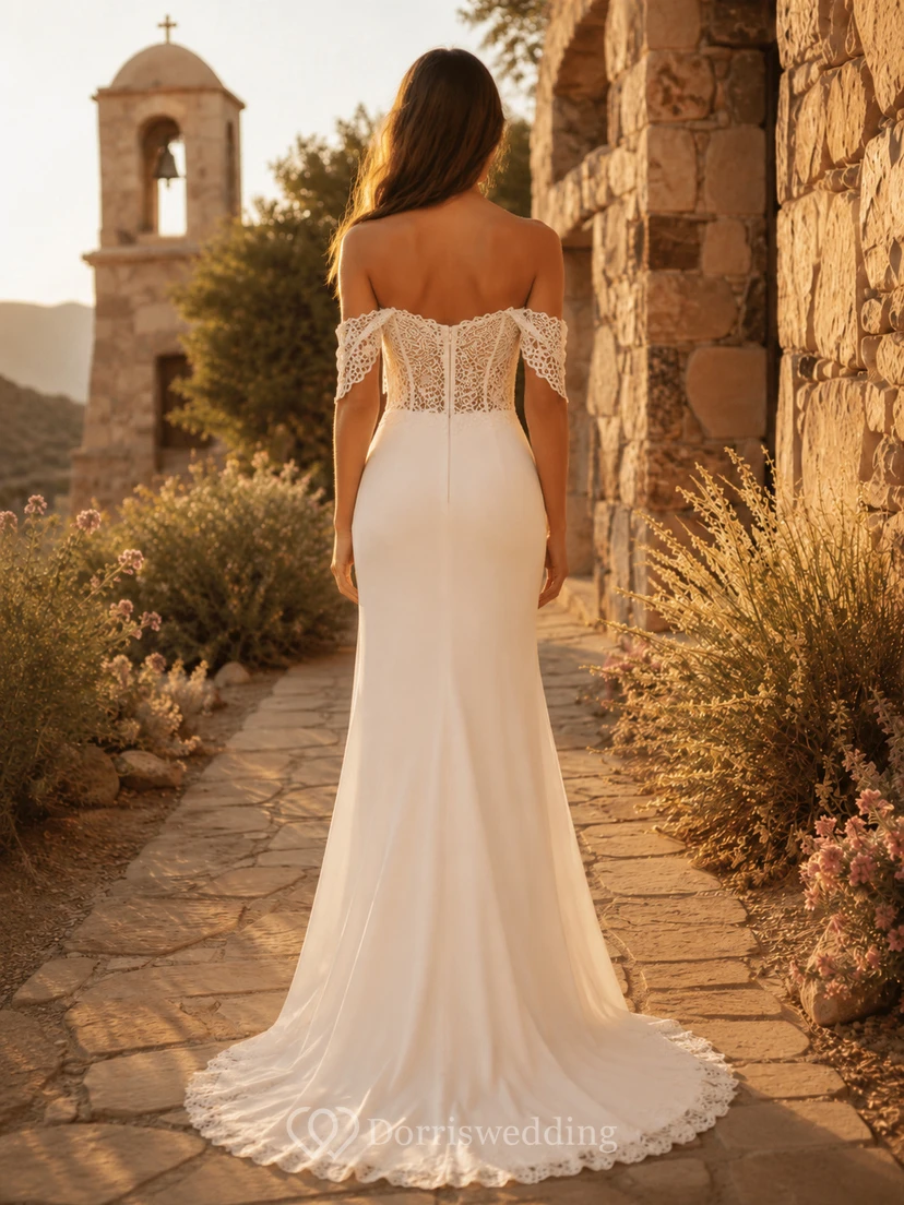 Off Shoulder Boho Sheath Lace Chapel Elopement Wedding Dress view 2