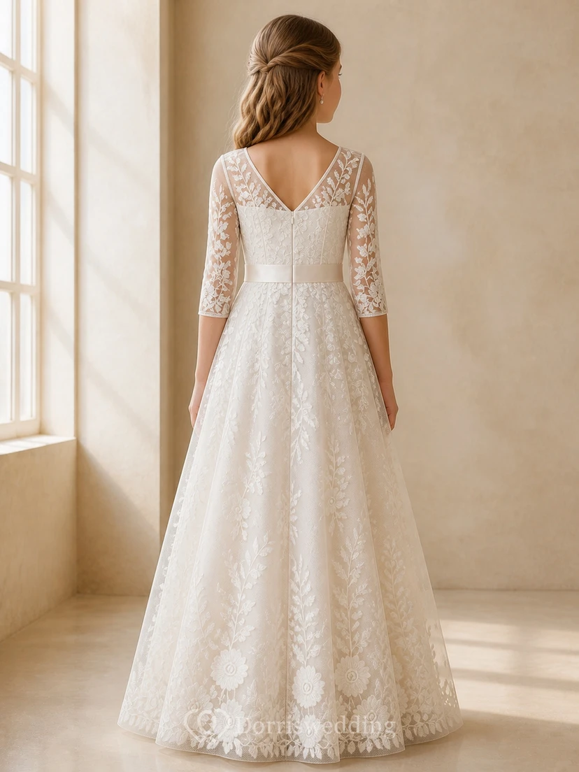 Modest Junior Bridesmaid Floor-length A-Line Scoop Three-quarter Sleeve Lace Dress view 2