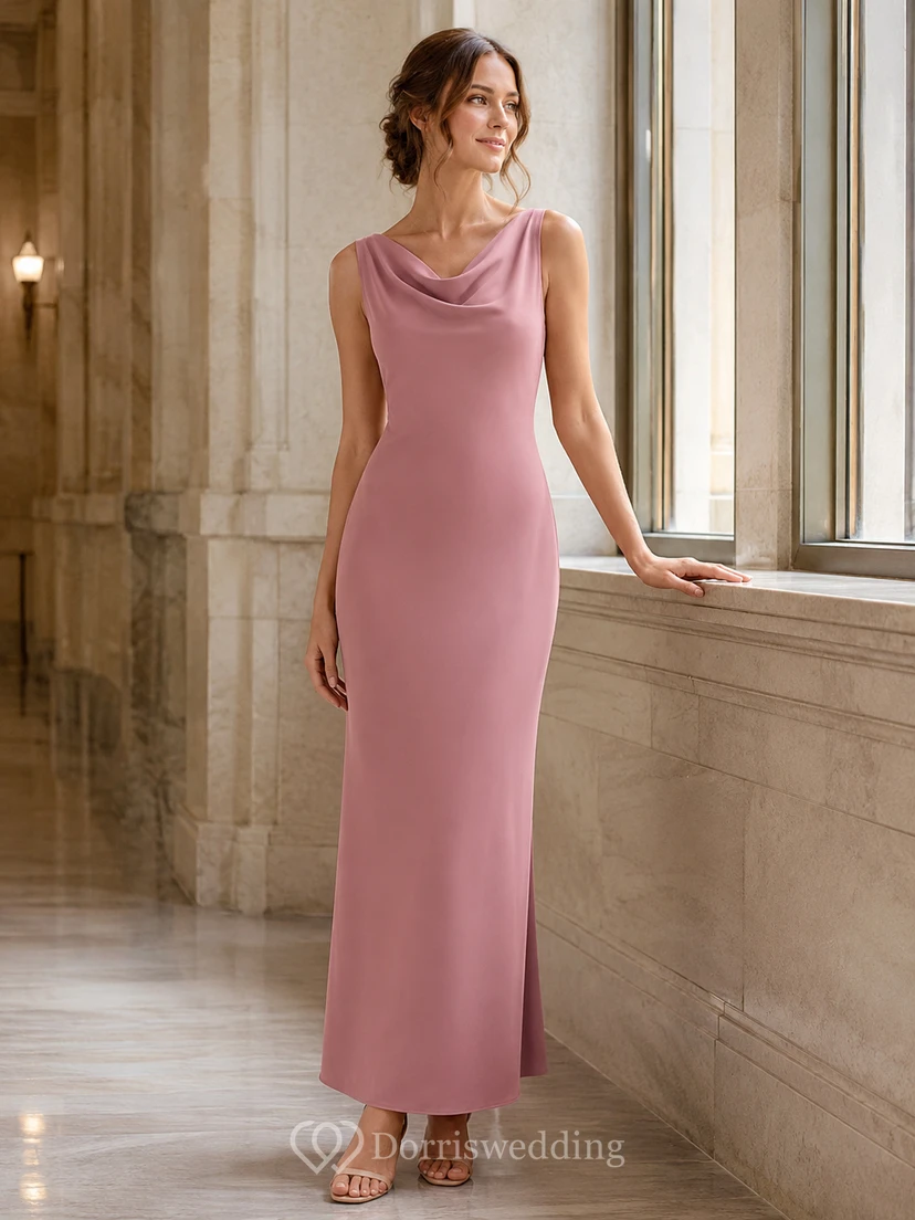Courthouse Cocktail Dusty Rose Simple Elegant Modern Sheath Satin Bridesmaid Dress with Cowl Neck Sleeveless Tea-Length Draped Zipper Back