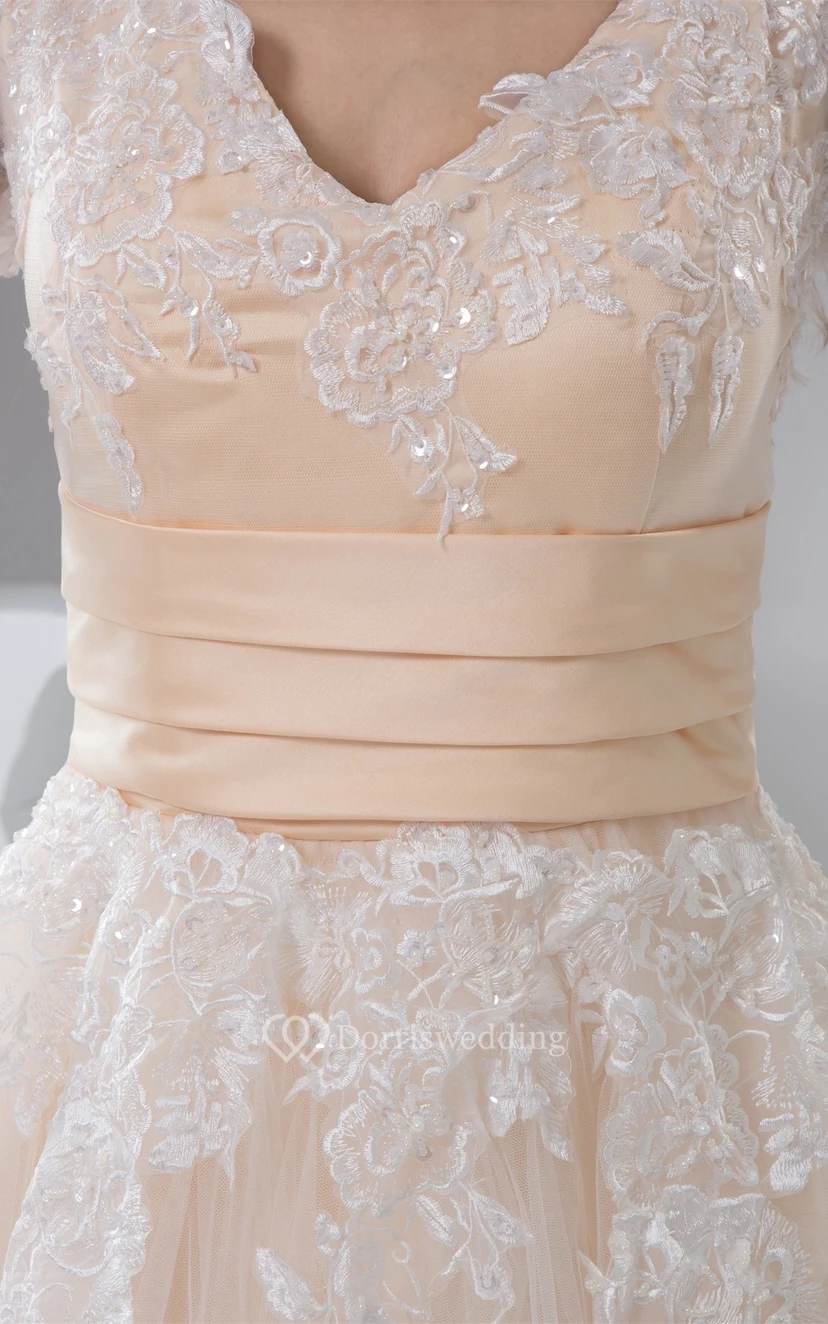 Deep-V-Neck Half-Sleeve Ankle-Length Lace Dress With Pleats view 3