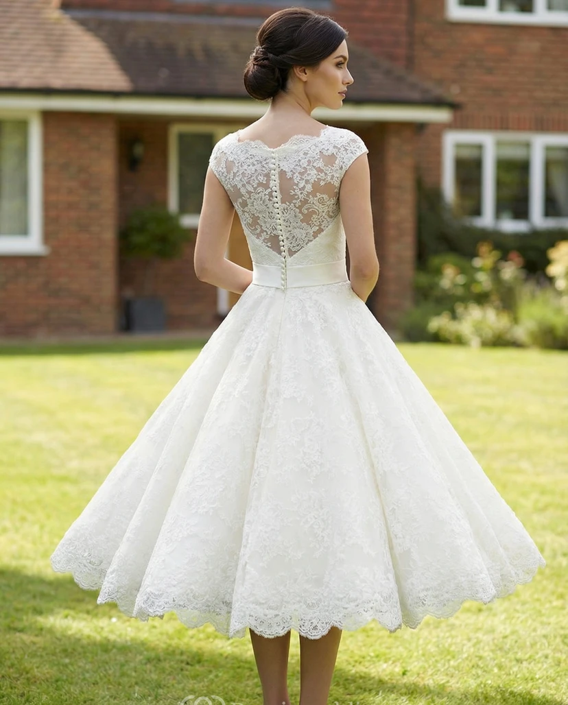 Vestido de novia de largo midi con escote cuadrado y encaje de cinta view 2