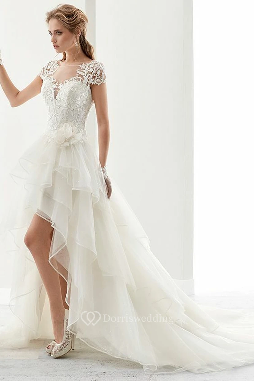 Brautkleid mit Illusion-Juwelenkragen, asymmetrischem Saum, Rüschen und T-Shirt-Ärmeln view 5