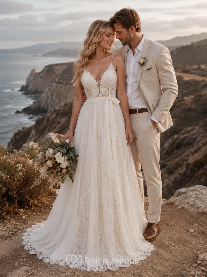 Robe de mariée trapèze en dentelle à col V et dos nu, style plage