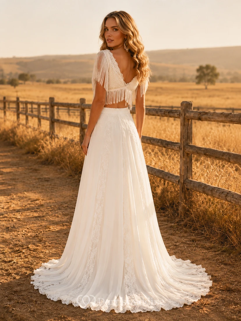 Robe deux pièces bohème à franges style western en dentelle et dentelle, coupe trapèze view 2