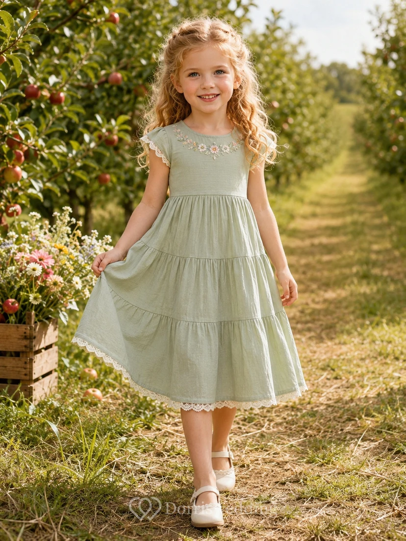 Bohemian Tea-Length A-Line Garden Flower Girl Floral Lace Tiered Dress with Jewel Neck