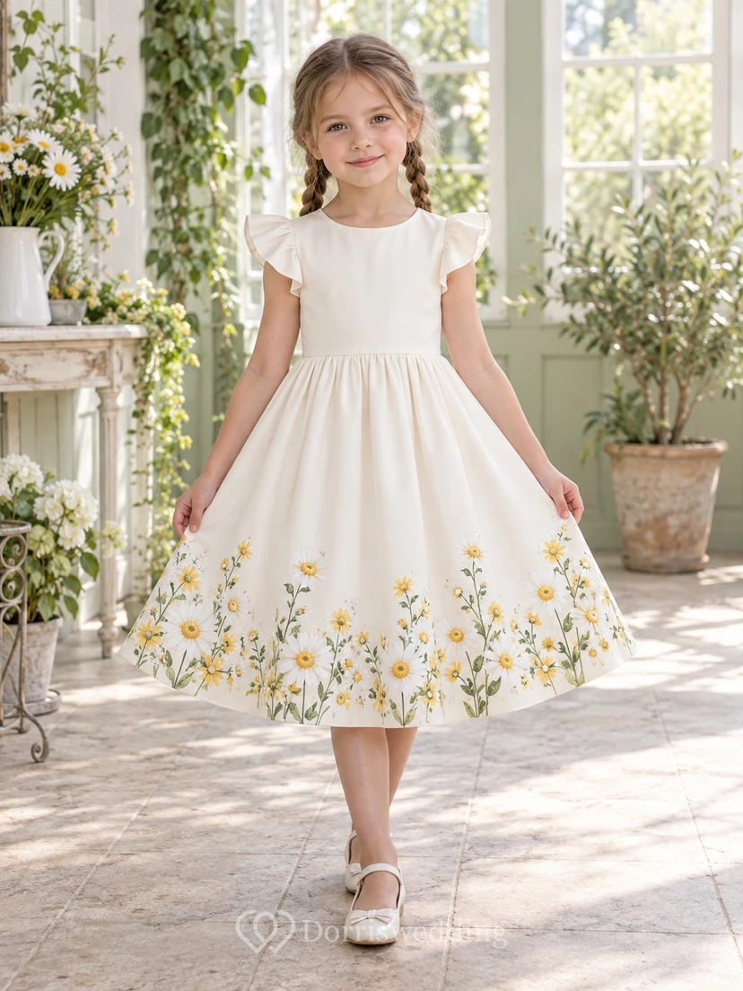 Modest Simple Ivory Tea-length Jewel Broad Flutter Sleeves Dense Daisy-Print Gathered A-line Flowergirl Dress