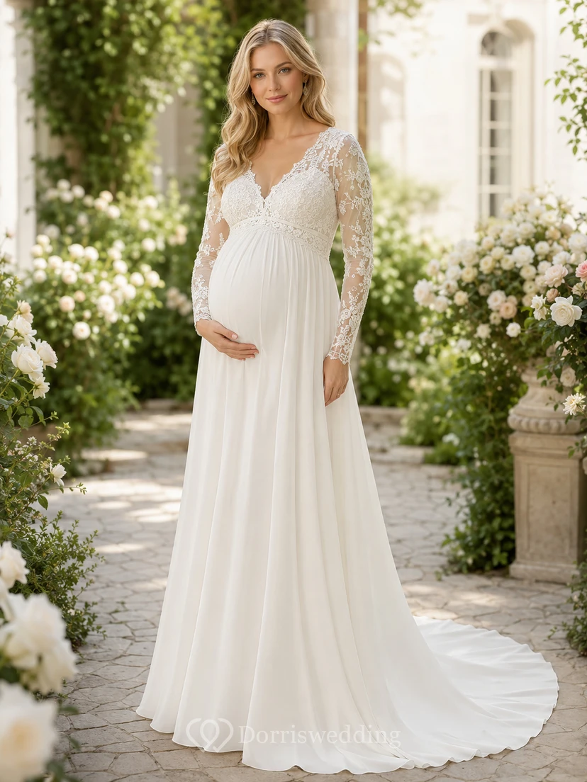 Maternity Wedding Dress Long Sleeve Lace Bodice Chiffon A-Line Gown with Keyhole Back