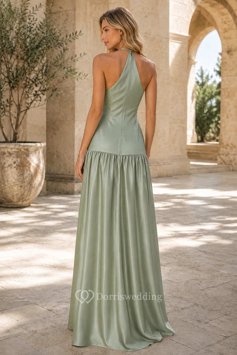 Abendkleid aus salbeigrünem Satin, A-Linie, Neckholder, ärmellos, bodenlang view 2